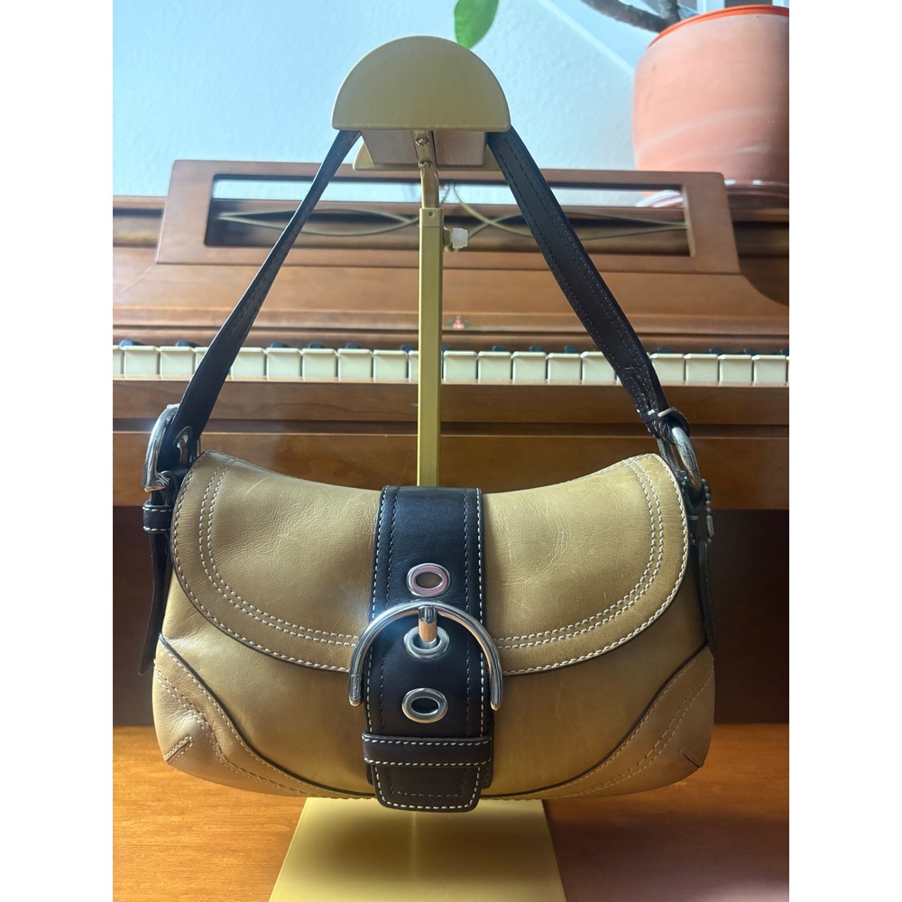 Coach‎ Legacy Buckle Flap Shoulder Bag Tan Brown Leather Silver Hardware